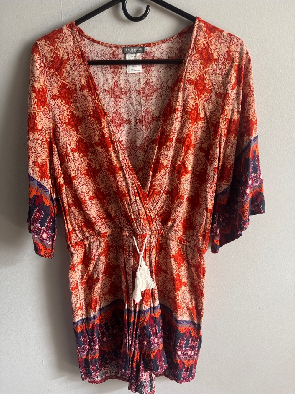Earthbound Large Boho Romper Rust Orange Printed Tassel Tie Festival Summer